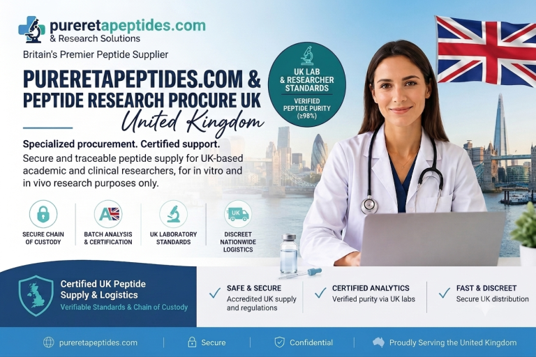 A medical banner with a female researcher in a lab coat sitting at a desk with a laptop and vial. UK landmarks and the Union Jack flag are in the background, along with text reading "pureretapeptides.com & PEPTIDE RESEARCH PROCURE UK" and service guarantees.