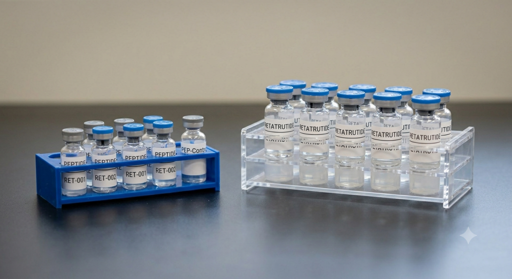 A photograph of two laboratory racks on a dark benchtop containing glass vials. On the left, a small blue rack holds multiple vials labeled "PEPTIDE," "RET-001," "RET-002," and "PEP-Control," with grey caps. On the right, a larger clear acrylic rack holds two rows of vials labeled "RETATRUTIDE," with blue caps. Both racks hold approximately ten vials each. The background is a neutral grey wall.