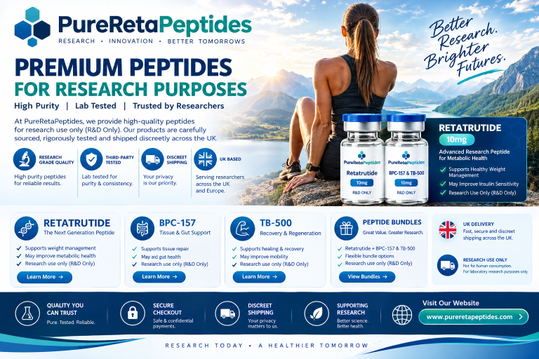 PureRetaPeptides research peptides including Retatrutide, BPC-157 and TB-500 for R&D purposes in the UK